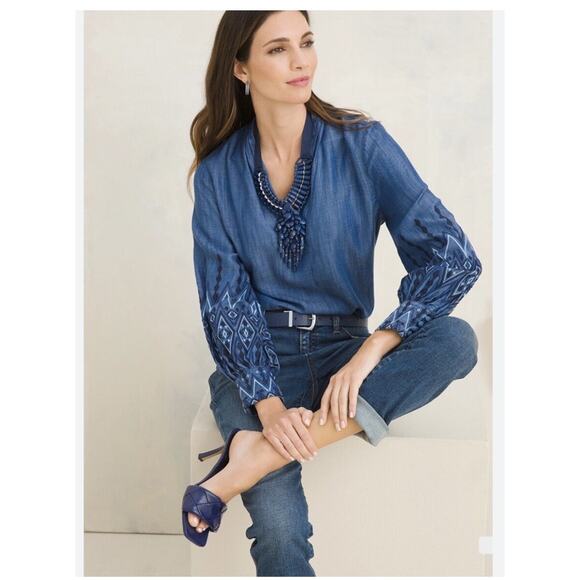 Chico’s Embroidered Sleeve Blouse Tencel Size XL Chambray Denim Blue NEW - Picture 2 of 12